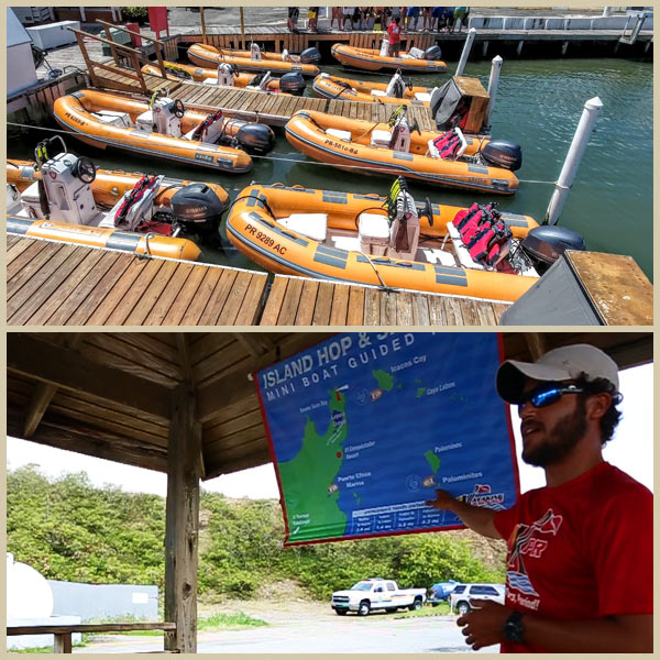 Photo collage of Mini Boats at the dock (top) and Kayaking Puerto Rico guide explaining tour route (bottom)