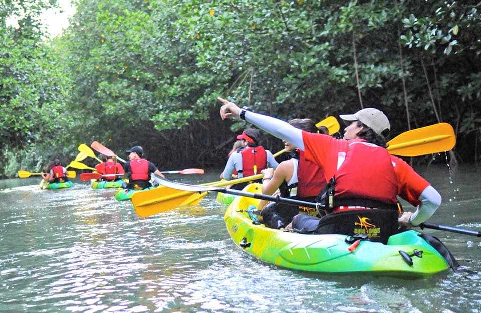 A group of tourists riding in a kayak